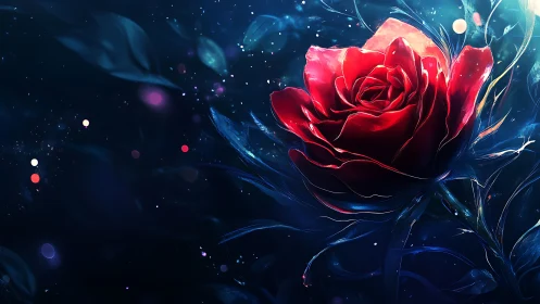 Luminous crimson rose blooming in a deep cosmic night.