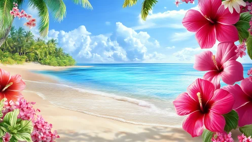 Tropical Haven: Pink Hibiscus Framing Paradise Beach