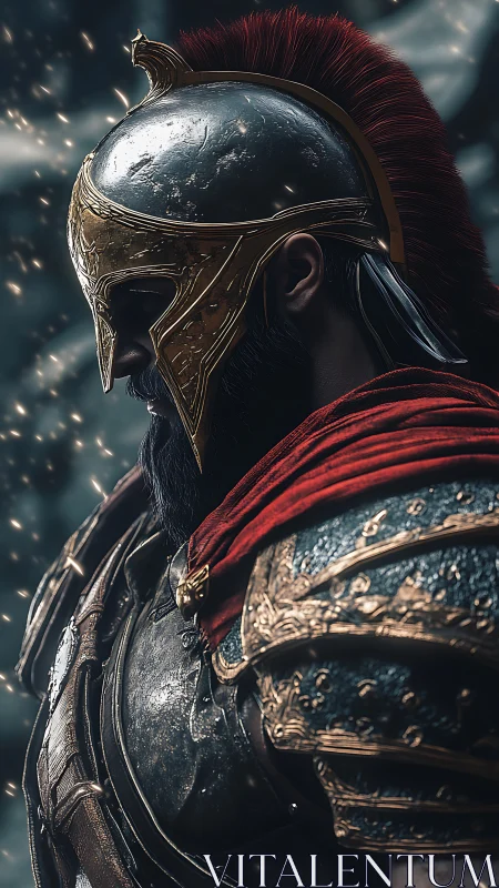 Bronze helm, red plume: stoic warrior frozen mid-battle.