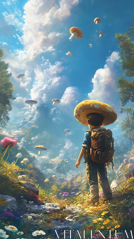 Child with backpack in surreal floating mushroom valley.