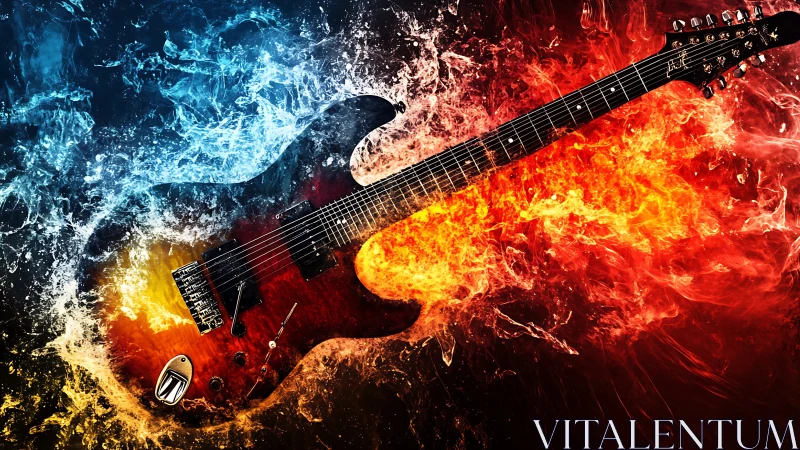 Electric guitar blazes through swirling fire and rushing water