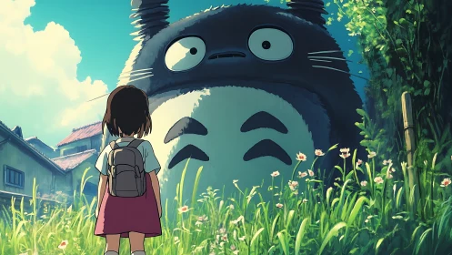 Child facing large forest creature in rural overgrown meadow.