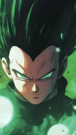 Green energy warrior channels focused cosmic power.