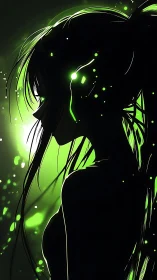 Silhouetted female profile is outlined by neon green light