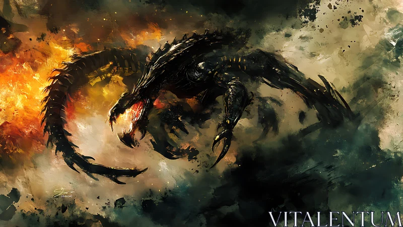 Dark serpent-like dragon lunges through fire and smoke.
