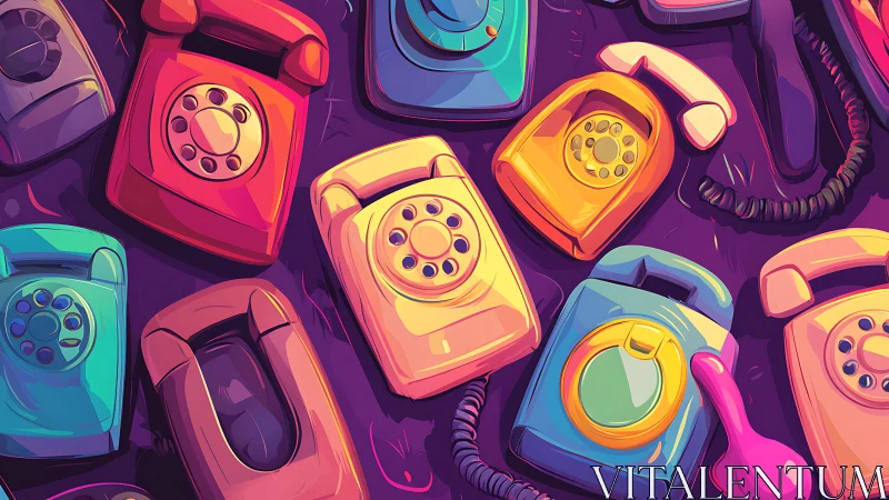 Colorful retro telephones sharing a playful, nostalgic mood.