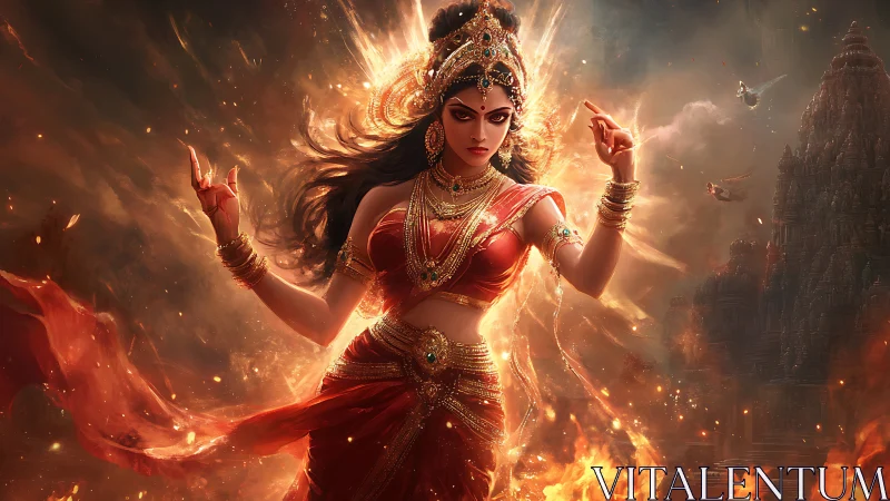Digital painting of fiery warrior goddess in dynamic composition.