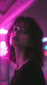 Portrait of woman in neon-lit interior with magenta lighting.