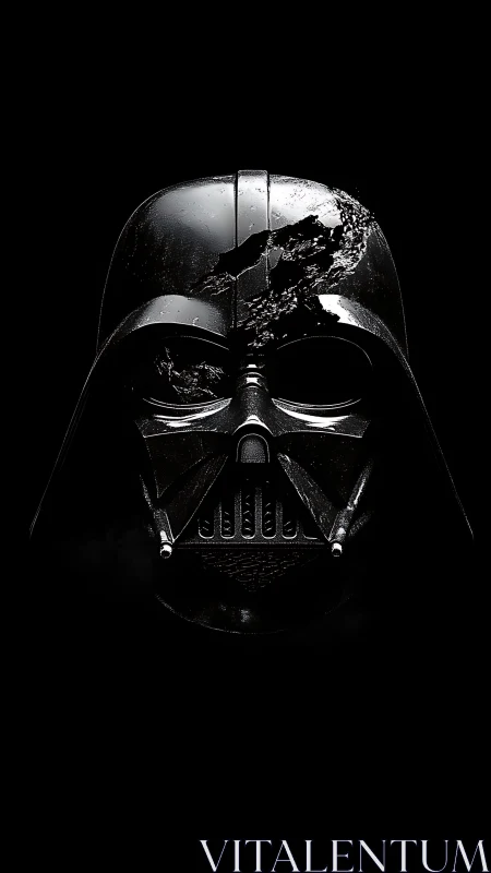 Damaged black sci‑fi helmet rendered on dark background.