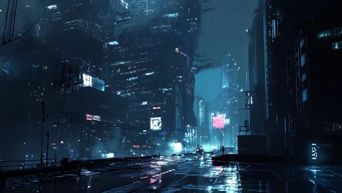 Neon rain stitches quiet code into a sleepless megacity night