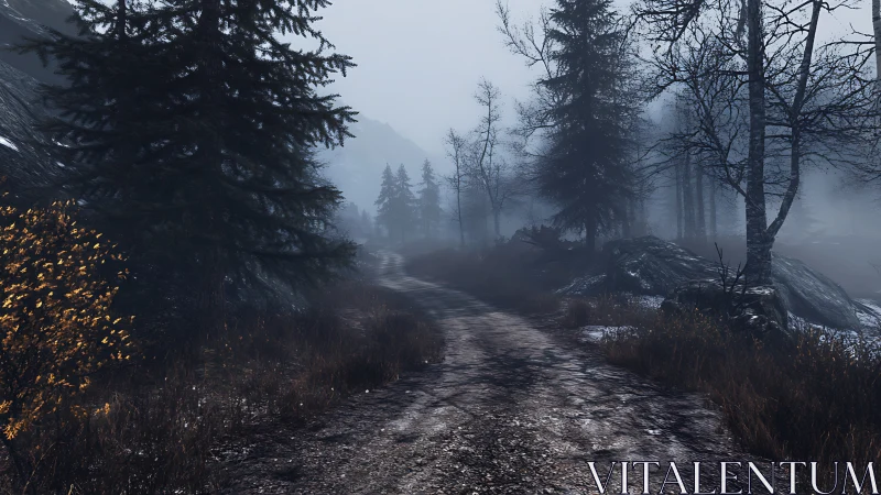 Mist-kissed forest path winding into a quiet winter hush.