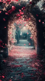Enchanted stone walkway beneath rose-draped garden archway.
