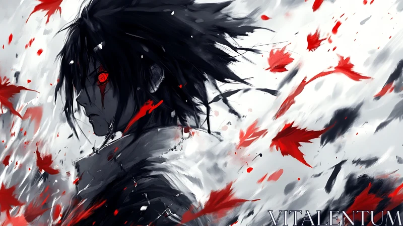 Storm-eyed swordsman in crimson leafstorm of fury and ash.