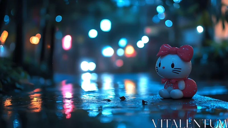 Toy cat figurine on wet city street at night in rain.