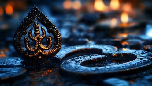 Molten Om emblem under twilight flames of quiet devotion.