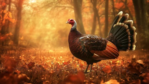 Wild Turkey Displaying in Autumnal Forest Clearing with Golden Backlighting.