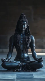 Meditating Shiva statue in seated lotus pose indoors.