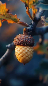 Golden macro study of textured acorn on autumn oak branch.