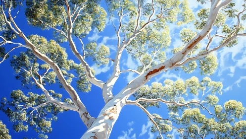 Sunlit eucalyptus canopy stretches into radiant blue sky.
