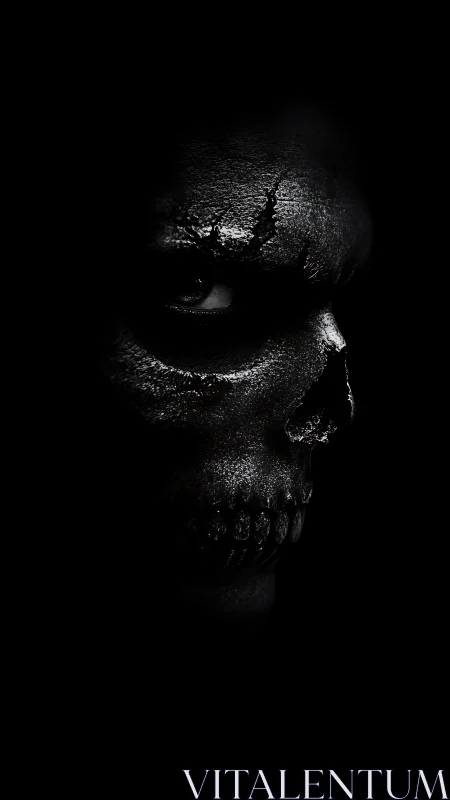 Low-key monochrome cracked skull visage in extreme chiaroscuro.