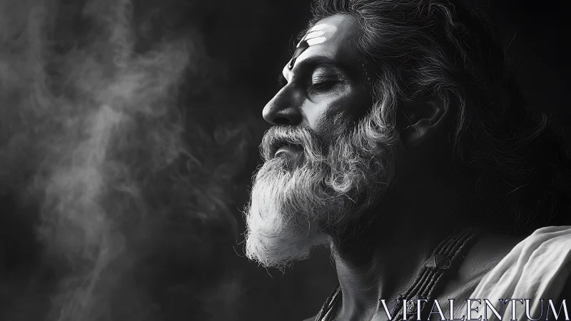 Profile portrait of elderly bearded man in smoke-filled space.