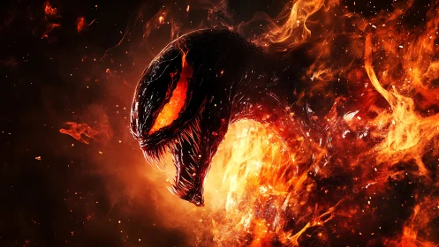 Fiery alien creature emerges roaring through swirling flames.