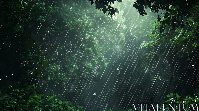 Atmospheric Rain Descent Through Verdant Canopy.