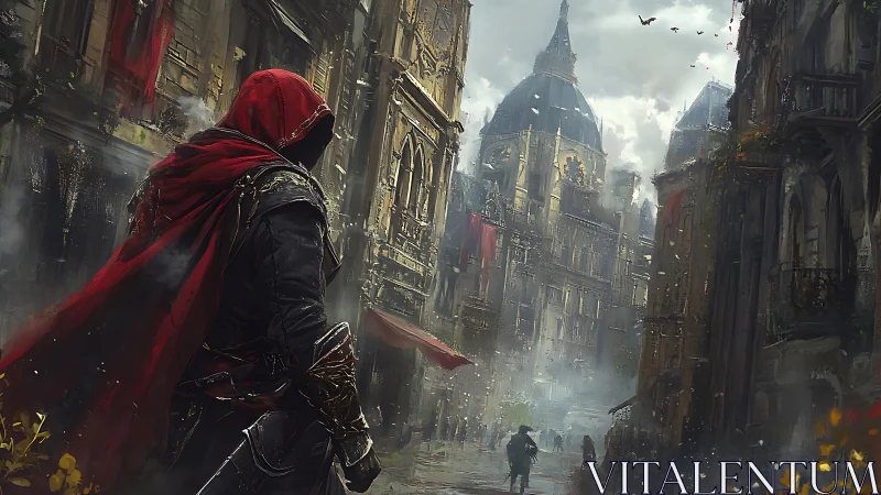 Hooded rogue strides through a misty cathedral city street