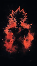 Fierce anime warrior rises from swirling crimson energy haze