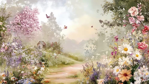 Spring meadow path with cottage and dense wildflower growth.