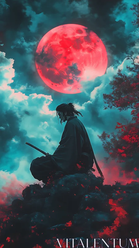 Silent samurai beneath a glowing crimson moonlit sky.