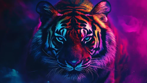 Neon lit tiger portrait in intense purple and blue haze.