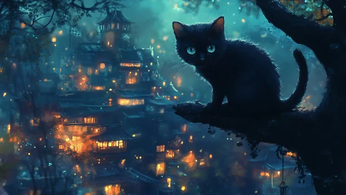 Black Cat with Glowing Eyes Watches Enchanted Forest City.