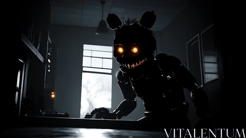 Backlit robotic animatronic advances through dim office interior