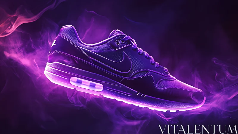 Neon purple sneaker hovers in glowing smoke-filled void