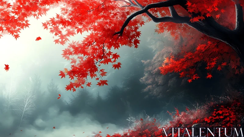 Scarlet maple canopy arcs over misted conifer forest hollow