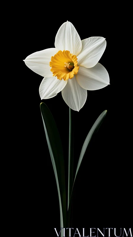 White Daffodil with Golden Center on Black Background.