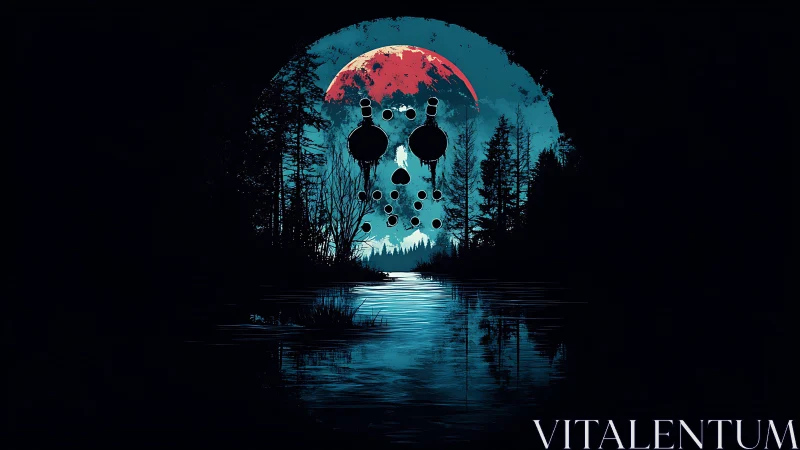 Moonlit forest lake forming eerie masked silhouette.