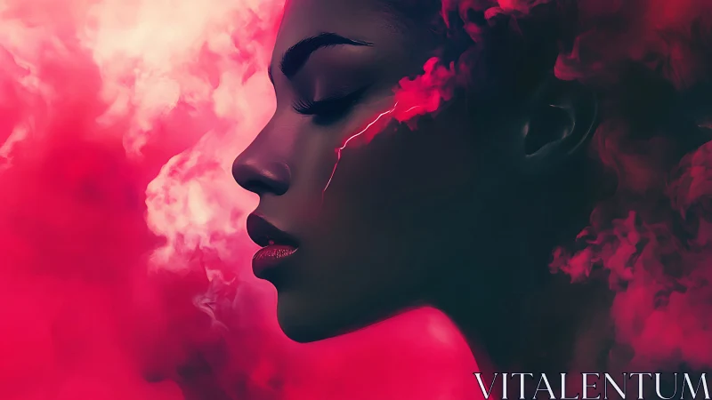 Digital profile portrait in neon red vapor storm.