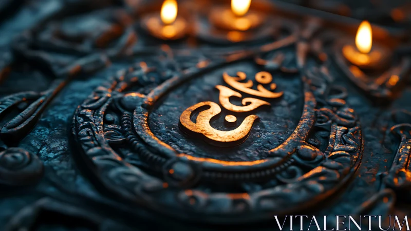 Ornate metallic Om symbol lit by small warm candles.