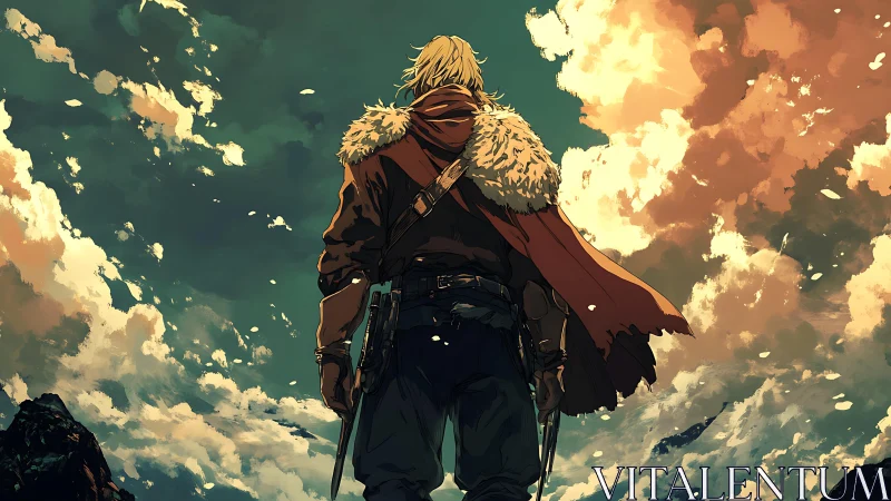 Wanderer beneath stormlit clouds greeting the open sky.