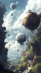 Spherical airships drifting through verdant cliff cityscape.