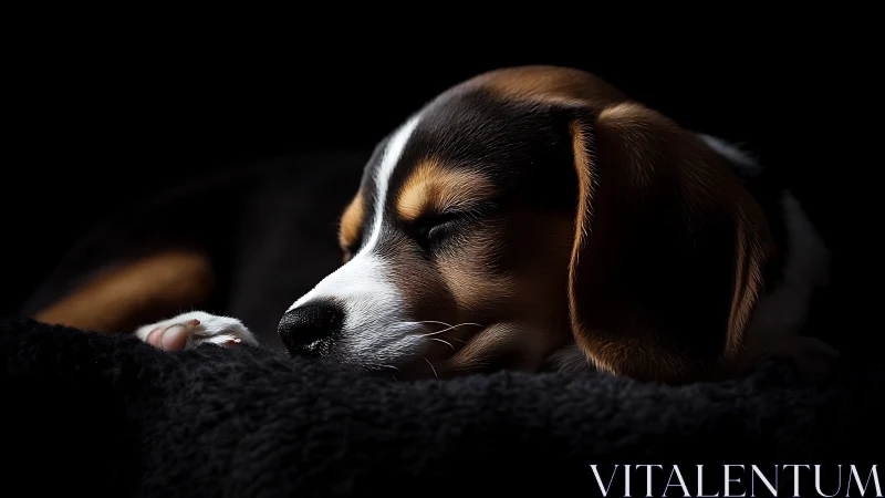 Sleeping tricolor puppy curled on dark soft blanket.