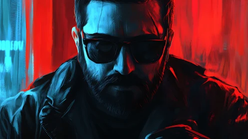 Bearded figure in sunglasses is lit by red and blue lighting