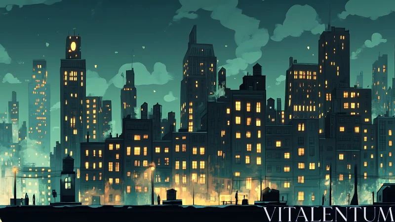 Midnight skyline glowing with teal haze and crowded towers.