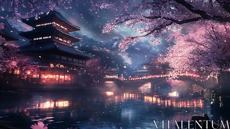 Cherry blossom riverside temple glows in luminous nightscape.