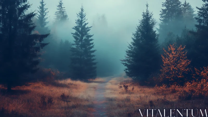 Misty forest pathway with coniferous trees and autumn vegetation