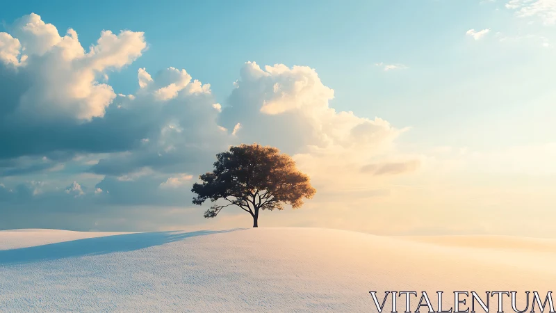 Lone tree on snowy hill under dramatic sky, serene landscape.