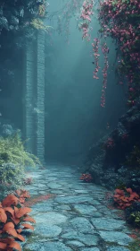 Cobblestone path drifts toward a mist veiled forest gate