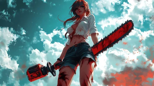 Character holds large chainsaw against bright clouded sky
